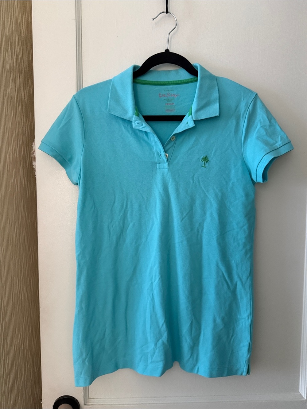 Lilly Pulitzer Aqua Short-Sleeve Button-Down Polo with Palm Embroidery